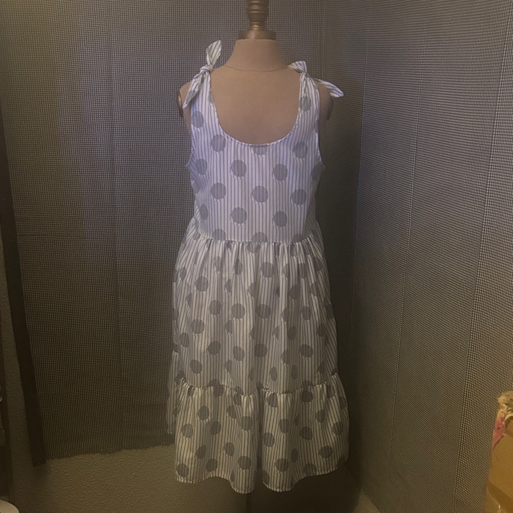 Hailey & Co White/Blue Stripe Polka Dot-Tie Shoulder Dress S Whimsy Coquette